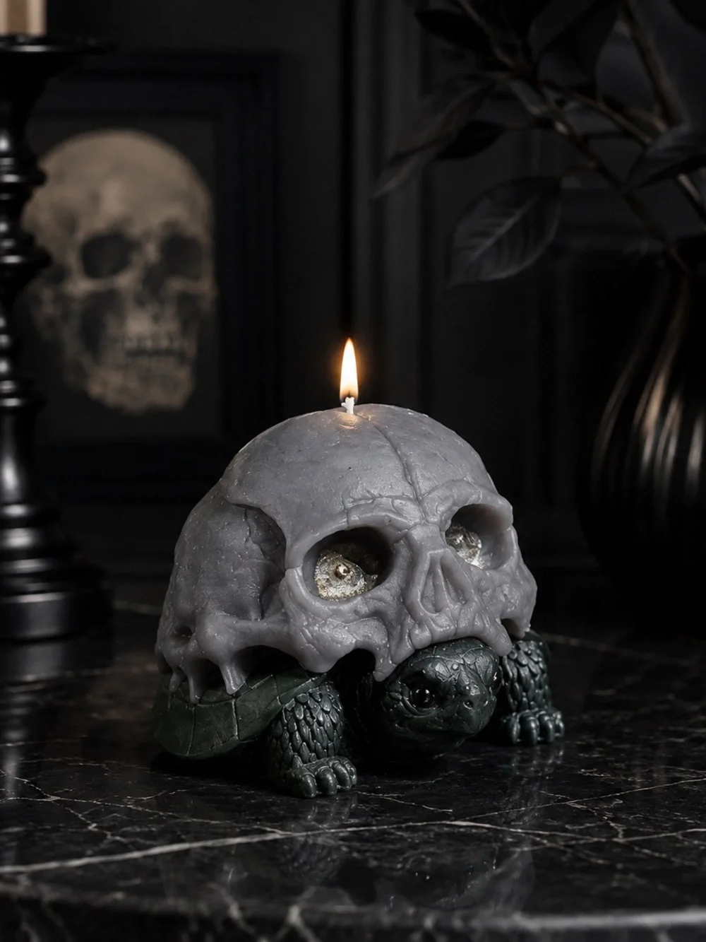 Set of 3 Halloween Skull Turtle Decorative Candle - Gray Green - Handmade